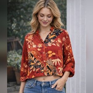 Citron Vintage Top Asian Floral Art Button-Up Blouse Silk Boho Petite Size Large